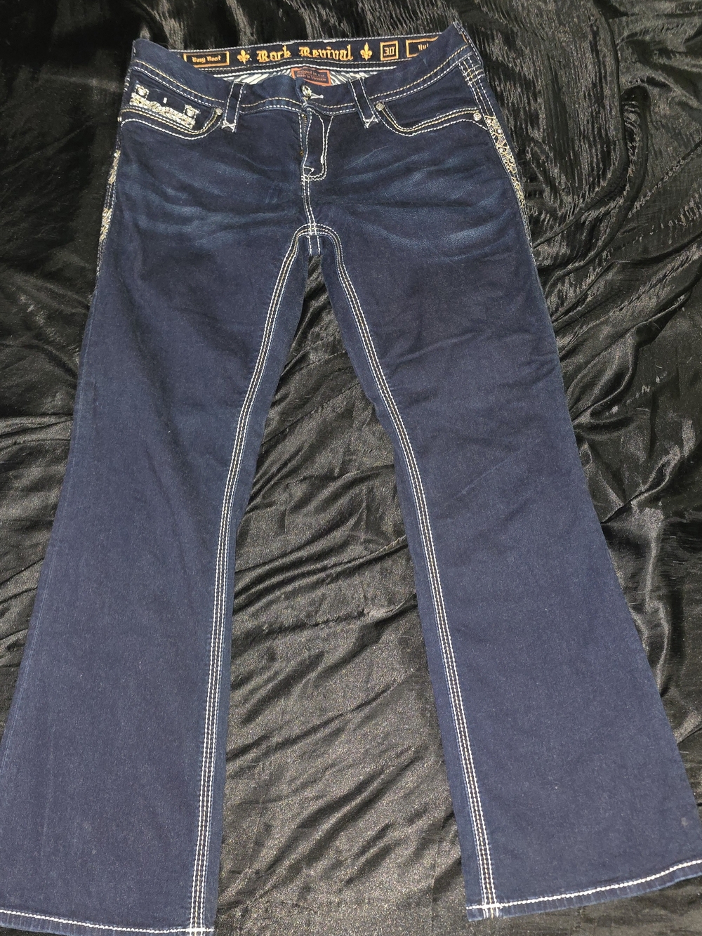 Rock Revival Navy Blue Flare Jeans with Contrast Stitching